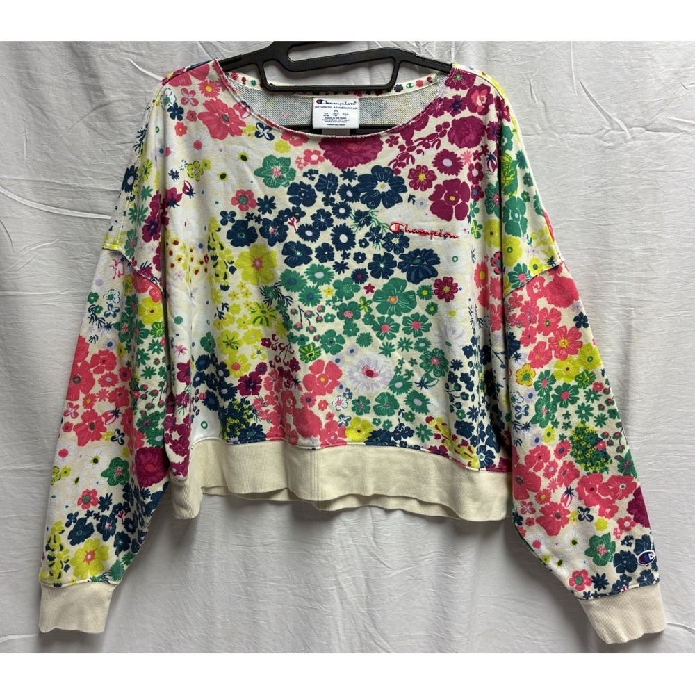 Champion Women's Floral Cropped Sweatshirt in White, Pink, Green, Blue, Yellow